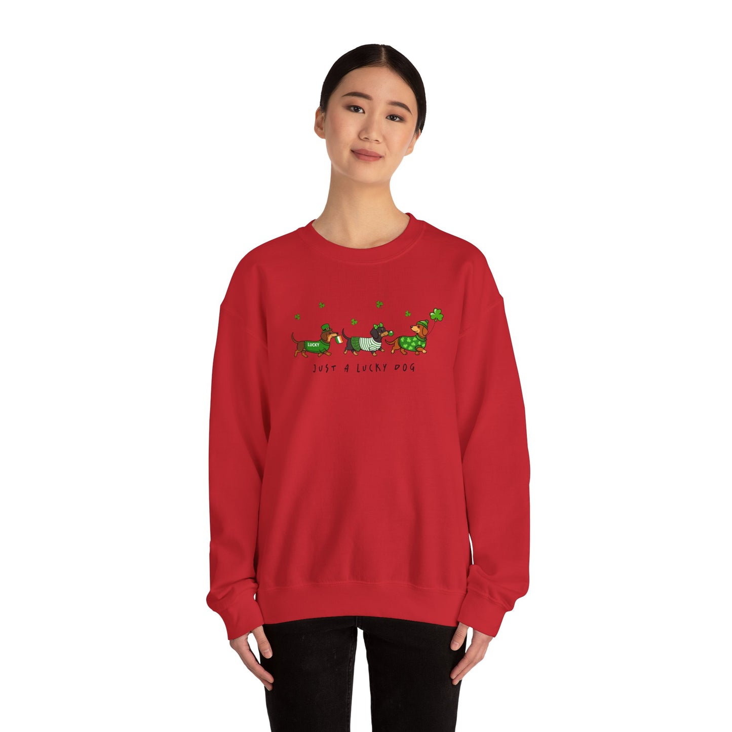 St. Patrick’s Day Dachshund Sweatshirt – “Just a Lucky Dog” Crewneck