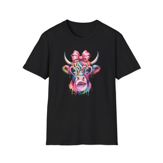 Cute Rainbow Highland Cow T-Shirt – Pink Coquette Bow Cow Graphic Tee, Funny Bubblegum Cow Shirt, Colorful Farm Animal Aesthetic Tee for Women