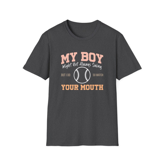 Funny Baseball Mom Shirt – “My Boy Might Not Always Swing” Graphic Tee | Sports Mom T-Shirt | Baseball Season Gift | Proud Boy Mom Tee