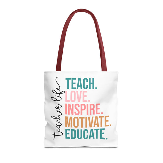 Teacher Life Canvas Tote Bag – Teach Love Inspire Educate Bag – Inspirational Teacher Gift – Reusable Classroom Tote – Back to School