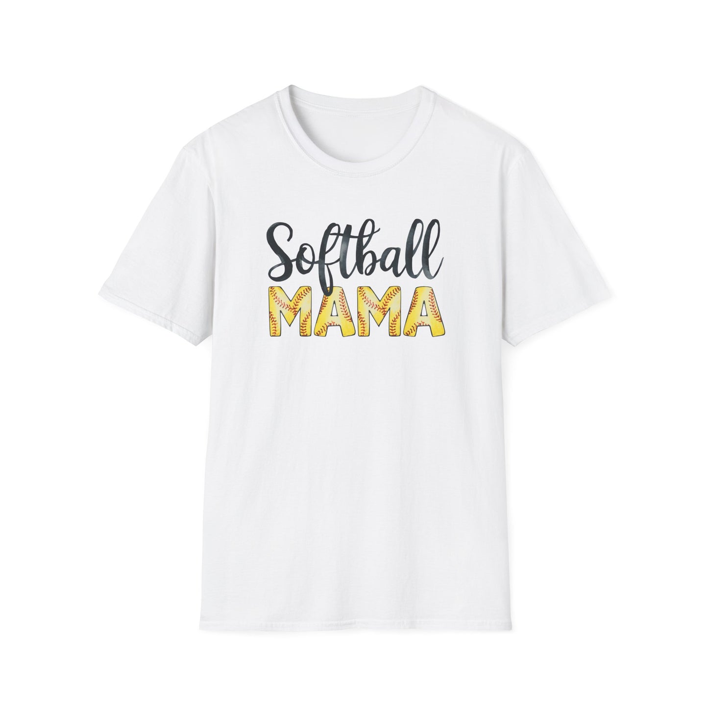 Softball Mama Shirt – Cute Script Softball Mom Graphic Tee, Yellow Softball Lettering Sports Shirt, Game Day Mom Apparel