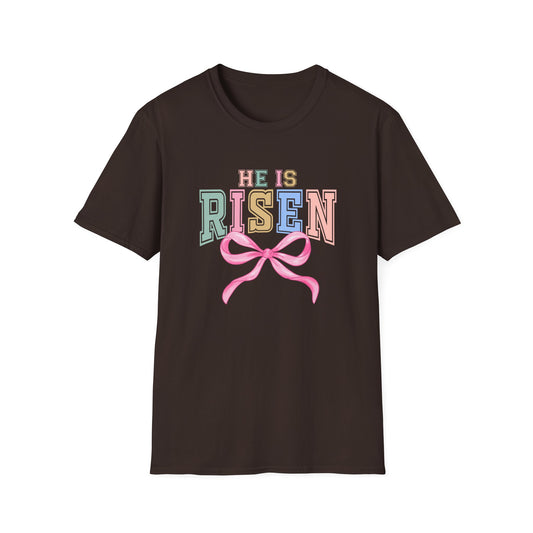 He Is Risen Easter Shirt, Christian Easter Bow Tee, Faith Based Easter Shirt Women, Religious Easter Outfit, Coquette Pastel Christian Graphic T-Shirt