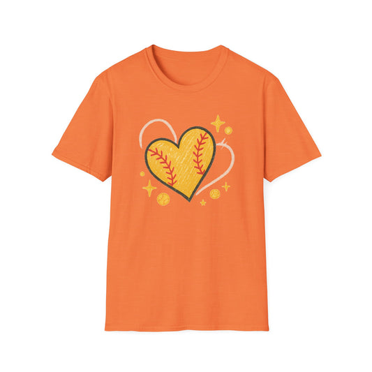 Softball Heart Shirt – Cute Softball Love Graphic Tee, Yellow Softball Heart Design, Softball Mom Gift, Fast Pitch Softball Apparel