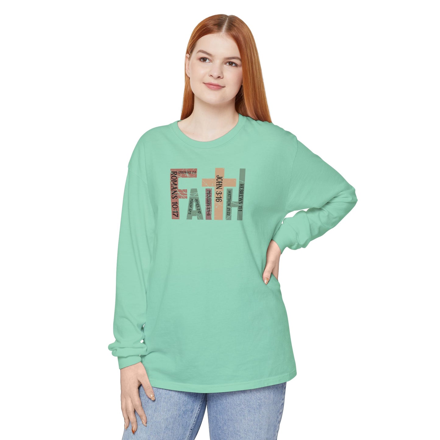 Faith Cross Long Sleeve Tee — Christian Scripture Romans 10:17 Shirt