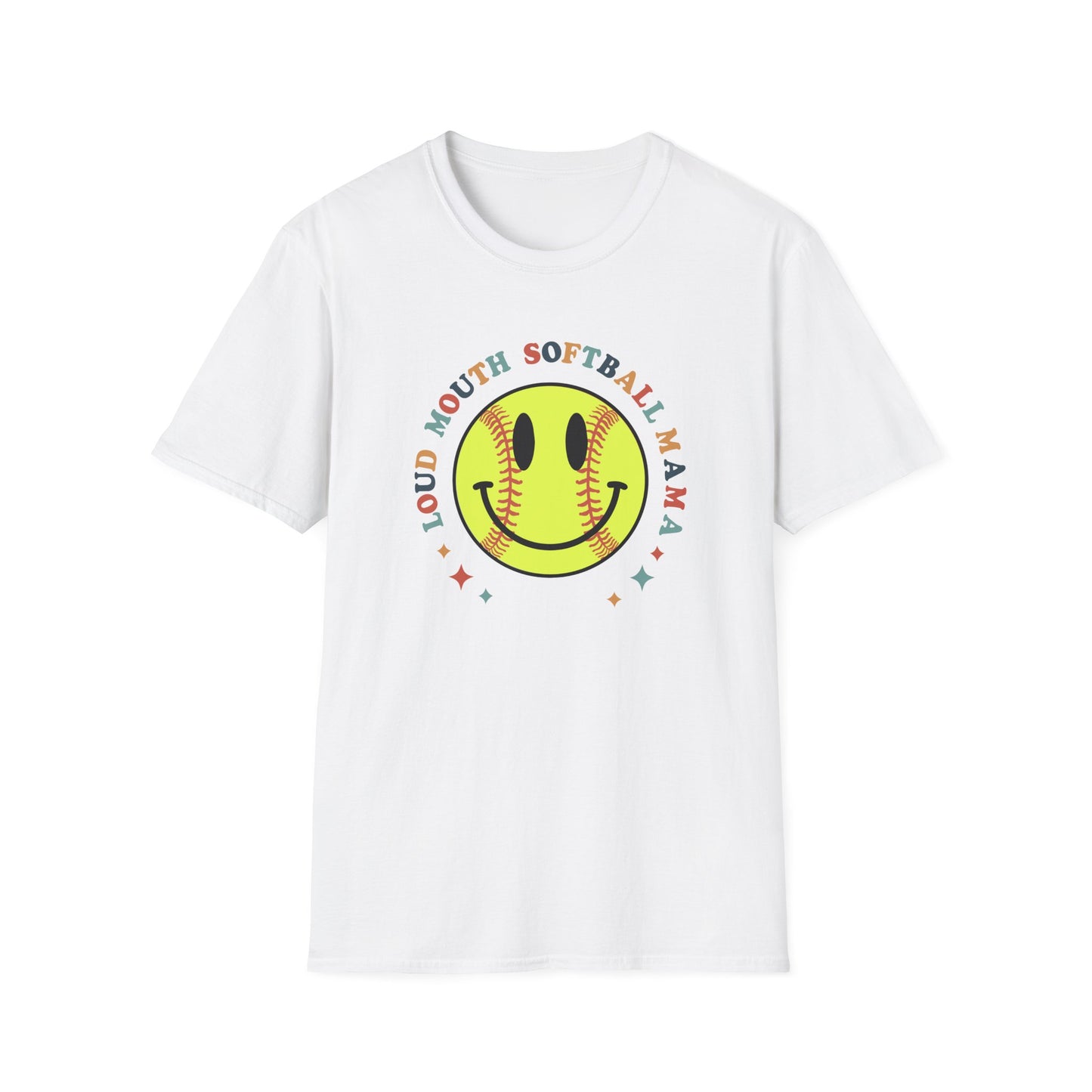 Loud Mouth Softball Mama Shirt – Retro Smiley Softball Graphic Tee, Funny Softball Mom Shirt, Vintage Game Day Apparel