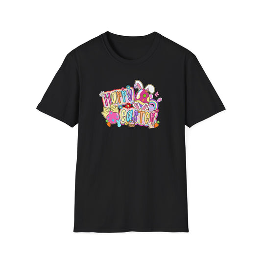 Happy Easter Graphic T-Shirt — Colorful Bunny & Eggs Spring Tee