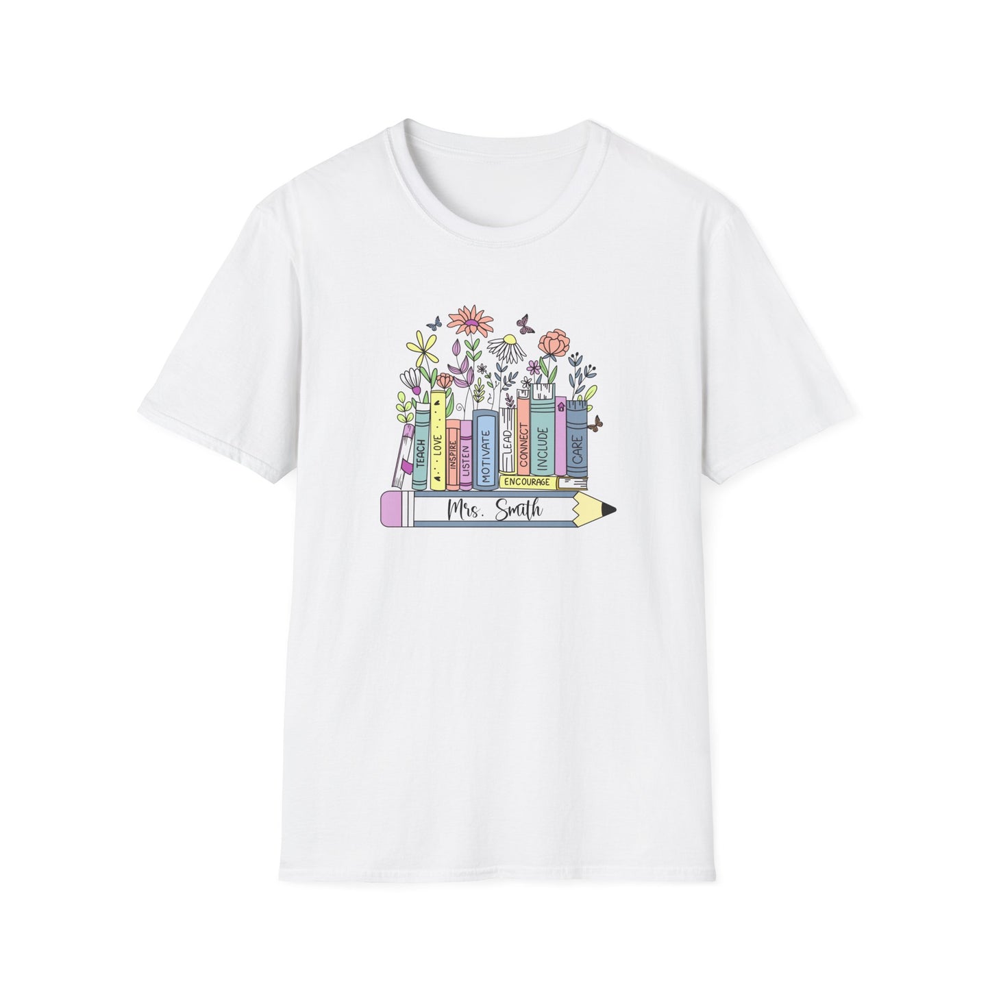Personalized Teacher Shirt – Custom Name Floral Book T-Shirt – Mrs. Custom Pencil Tee – Teacher Appreciation Gift