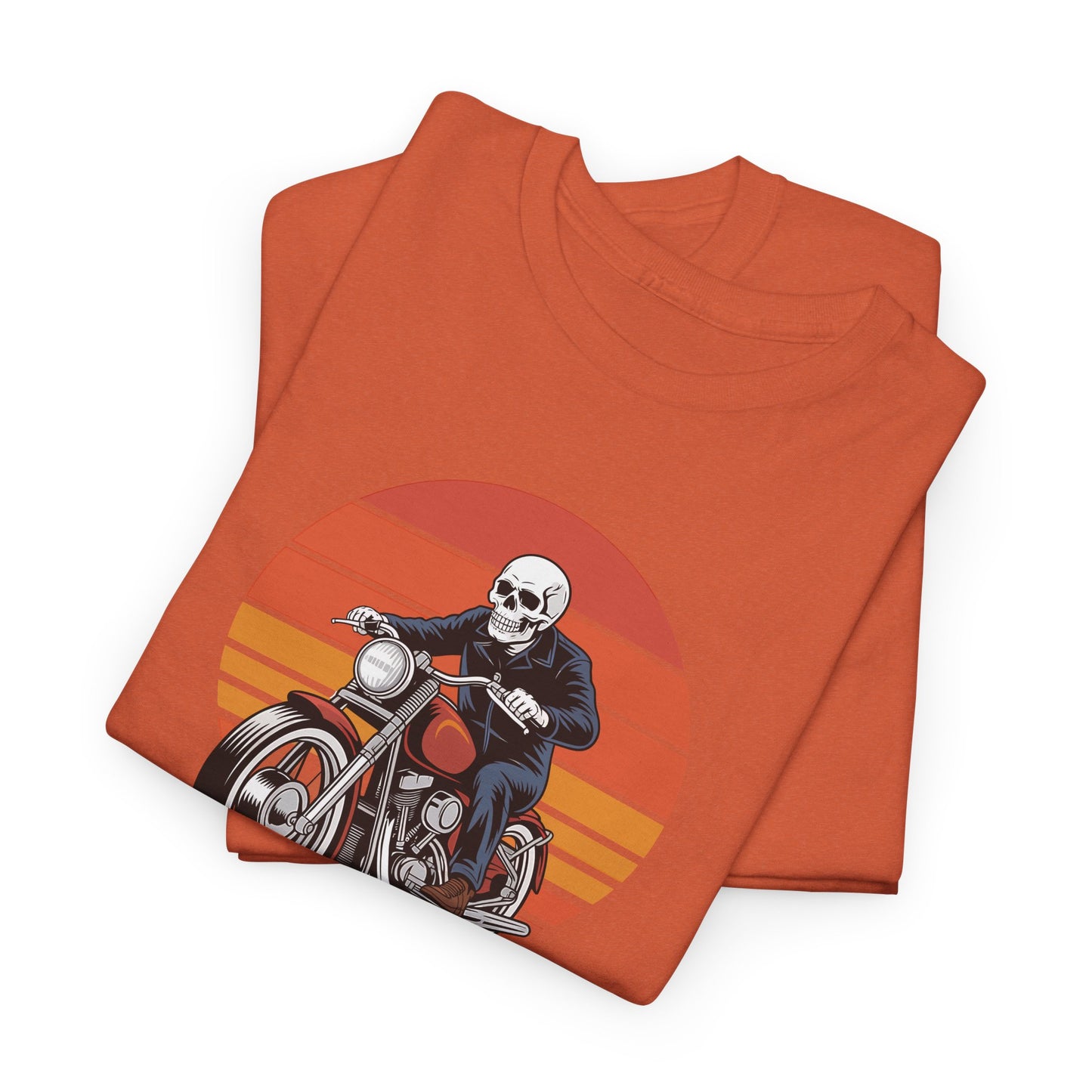 Motorcycle Rider Tee — Retro Sunset Biker Graphic "Ride Fast, Live Free" - Skeleton Biker T-Shirt