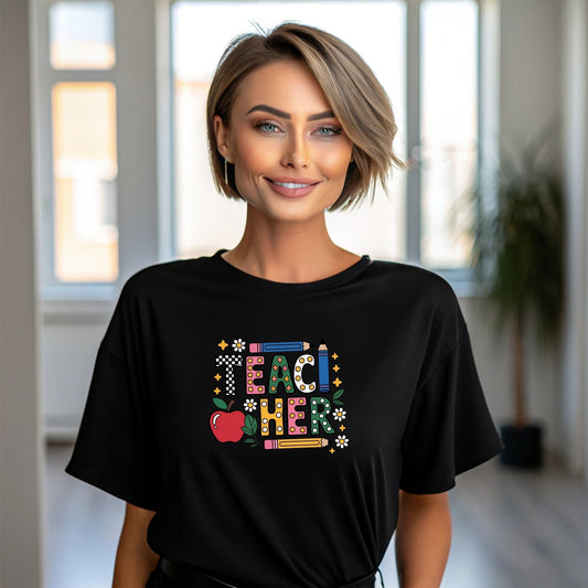Teacher Graphic T-Shirt — Colorful Apple & Pencil Back-to-School Tee