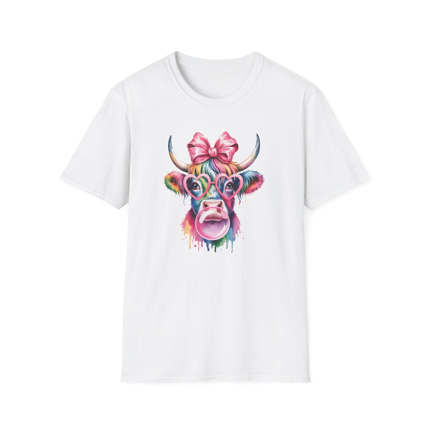 Cute Rainbow Highland Cow T-Shirt – Pink Coquette Bow Cow Graphic Tee, Funny Bubblegum Cow Shirt, Colorful Farm Animal Aesthetic Tee for Women