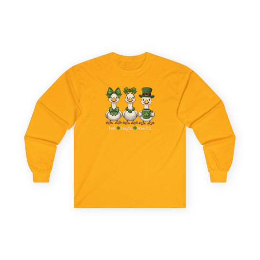 St. Patrick's Day Duck Trio Long Sleeve Tee — "Luck Laughs & Waddles"