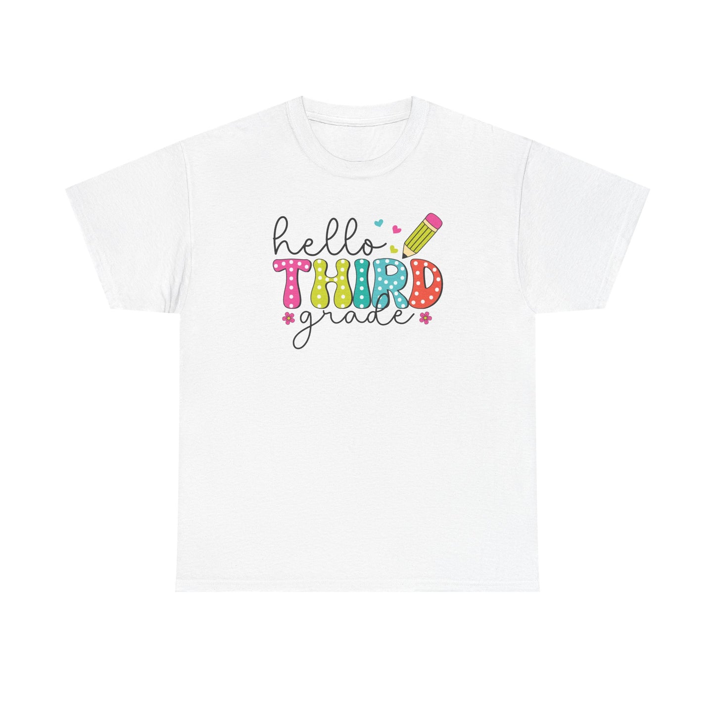 Hello Third Grade T-Shirt - Cute Back-to-School Tee with Colorful Pencil Design - Teacher Team Tee
