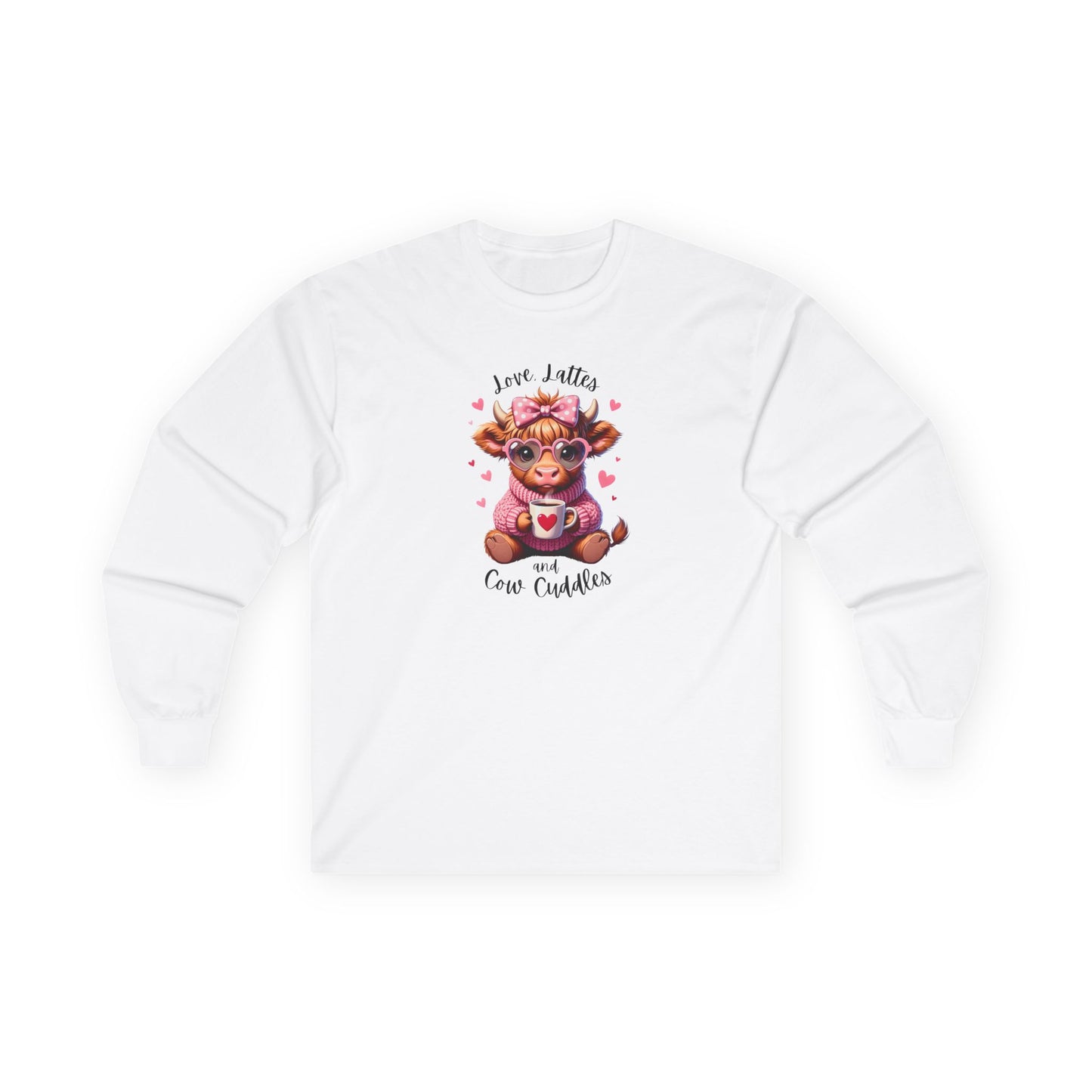Cow Cuddles Long Sleeve Tee – Cute Cow with Coffee Valentine Shirt