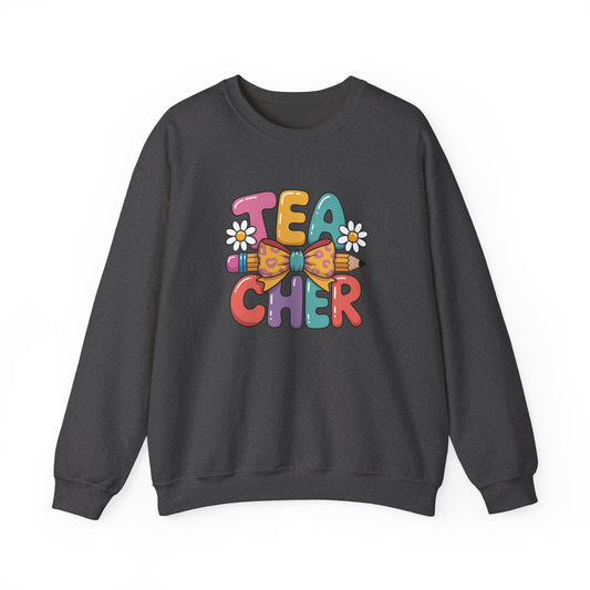 Teacher Crewneck Sweatshirt — Colorful Retro 'Teacher' Bow & Daisies Design