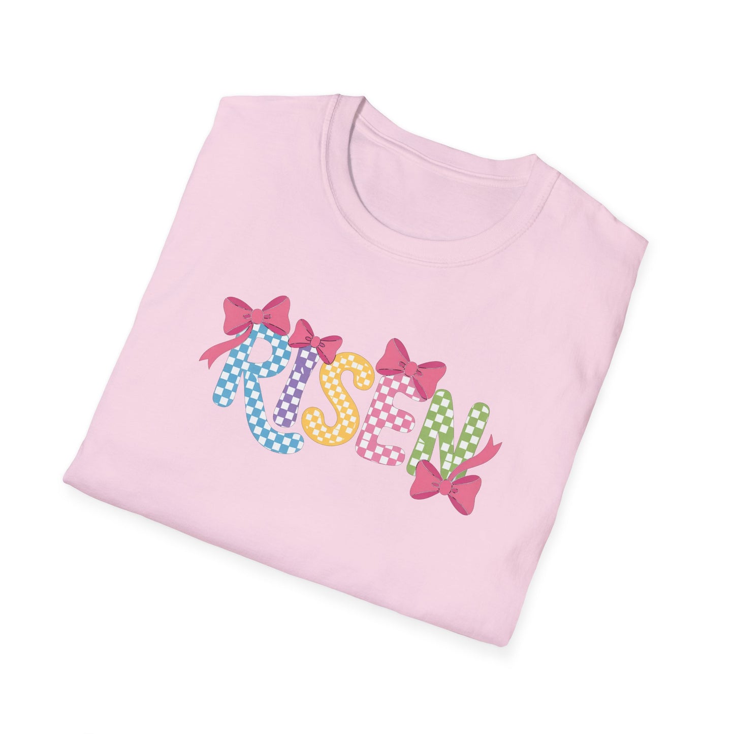 Risen Easter Shirt, Christian Easter Bunny Bow Tee, Faith Based Easter Shirt, Pastel Coquette Spring Graphic T-Shirt, Religious Easter Outfit for Women