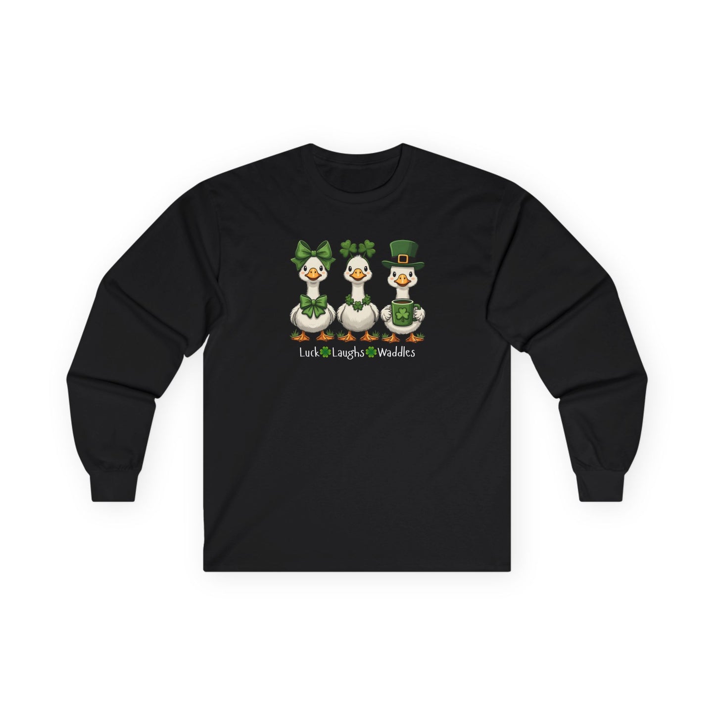 St. Patrick's Day Duck Trio Long Sleeve Tee — "Luck Laughs & Waddles"