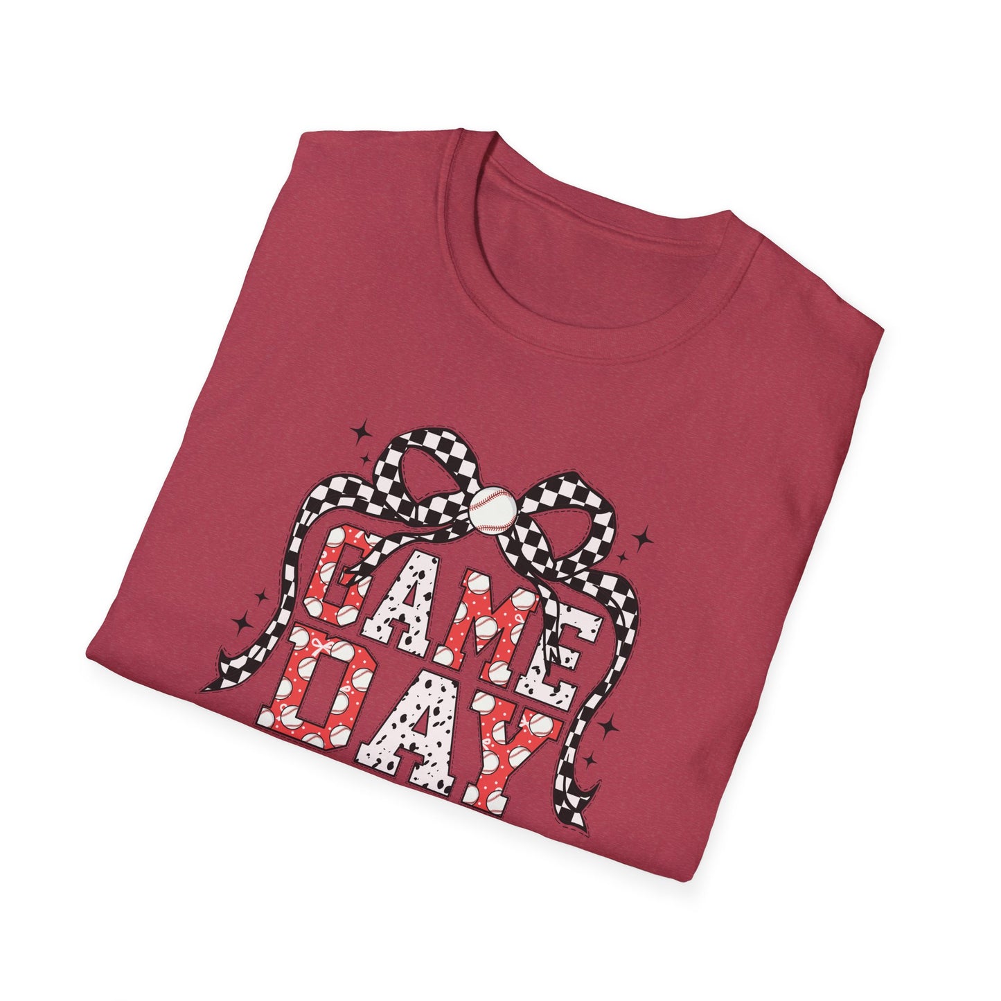 Game Day Baseball Mom Shirt, Girly Bow Baseball Tee, Cute Sports Mom Graphic T Shirt, Coquette Game Day Outfit, Trendy Baseball Season Shirt, Softstyle Unisex Tee