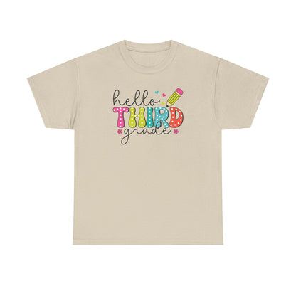 Hello Third Grade T-Shirt - Cute Back-to-School Tee with Colorful Pencil Design - Teacher Team Tee