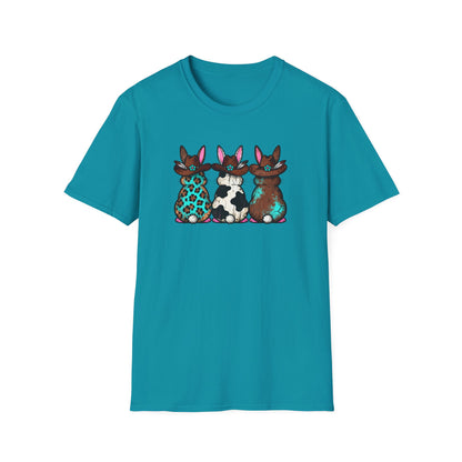Western Easter Bunny T-Shirt – Cowgirl Bunny Graphic Tee, Rustic Cow Print & Leopard Bunny Shirt, Country Easter Shirt, Farmhouse Spring Tee