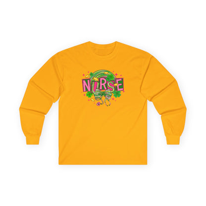 Nurse Stethoscope Graphic Long Sleeve Tee — Cute Green & Pink Healthcare Shirt