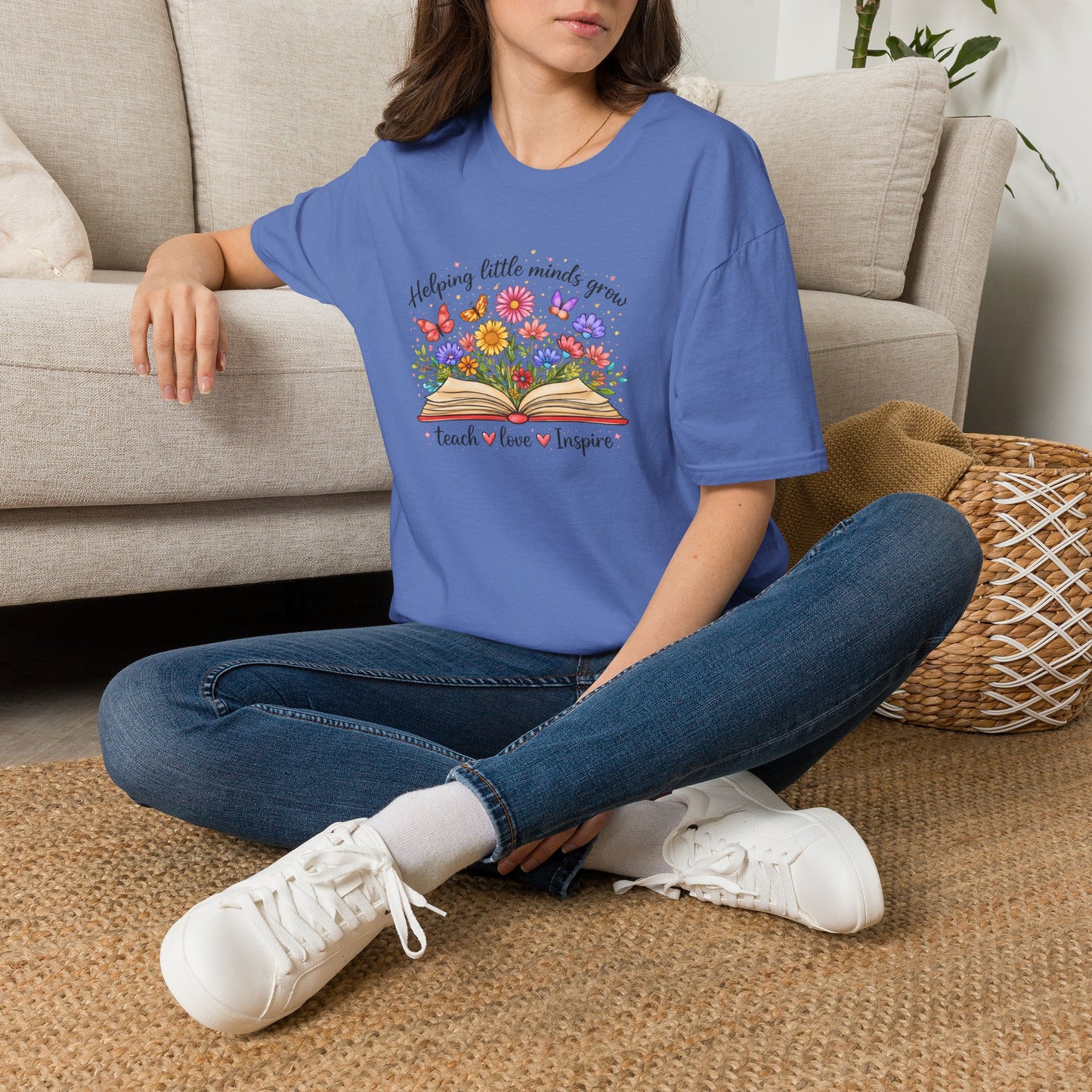 Helping Little Minds Grow Teacher Shirt | Teach Love Inspire Floral Book Tee