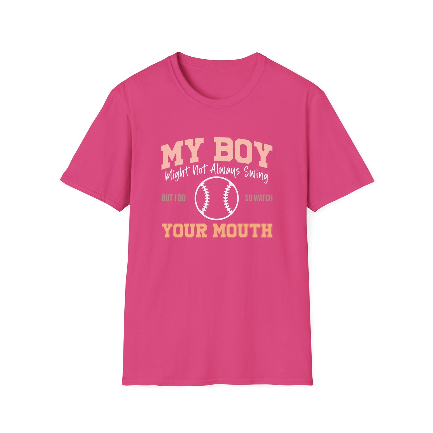 Funny Baseball Mom Shirt – “My Boy Might Not Always Swing” Graphic Tee | Sports Mom T-Shirt | Baseball Season Gift | Proud Boy Mom Tee