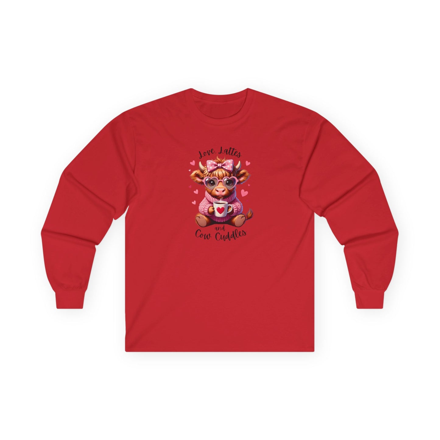 Cow Cuddles Long Sleeve Tee – Cute Cow with Coffee Valentine Shirt