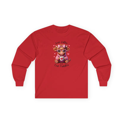 Cow Cuddles Long Sleeve Tee – Cute Cow with Coffee Valentine Shirt