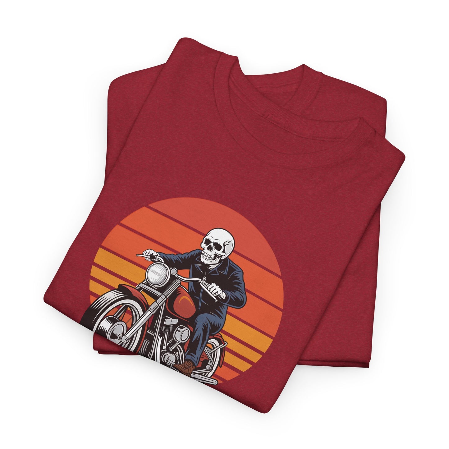 Motorcycle Rider Tee — Retro Sunset Biker Graphic "Ride Fast, Live Free" - Skeleton Biker T-Shirt
