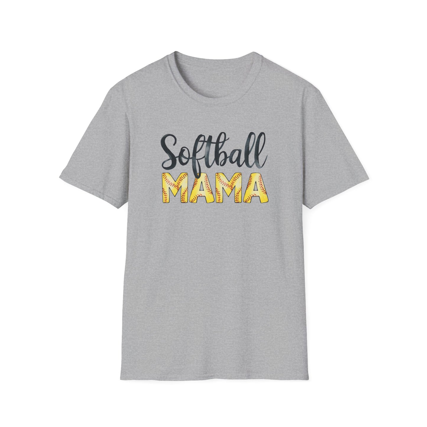 Softball Mama Shirt – Cute Script Softball Mom Graphic Tee, Yellow Softball Lettering Sports Shirt, Game Day Mom Apparel