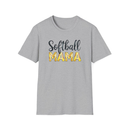 Softball Mama Shirt – Cute Script Softball Mom Graphic Tee, Yellow Softball Lettering Sports Shirt, Game Day Mom Apparel