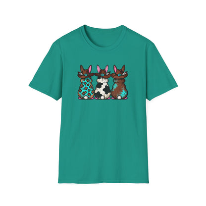Western Easter Bunny T-Shirt – Cowgirl Bunny Graphic Tee, Rustic Cow Print & Leopard Bunny Shirt, Country Easter Shirt, Farmhouse Spring Tee