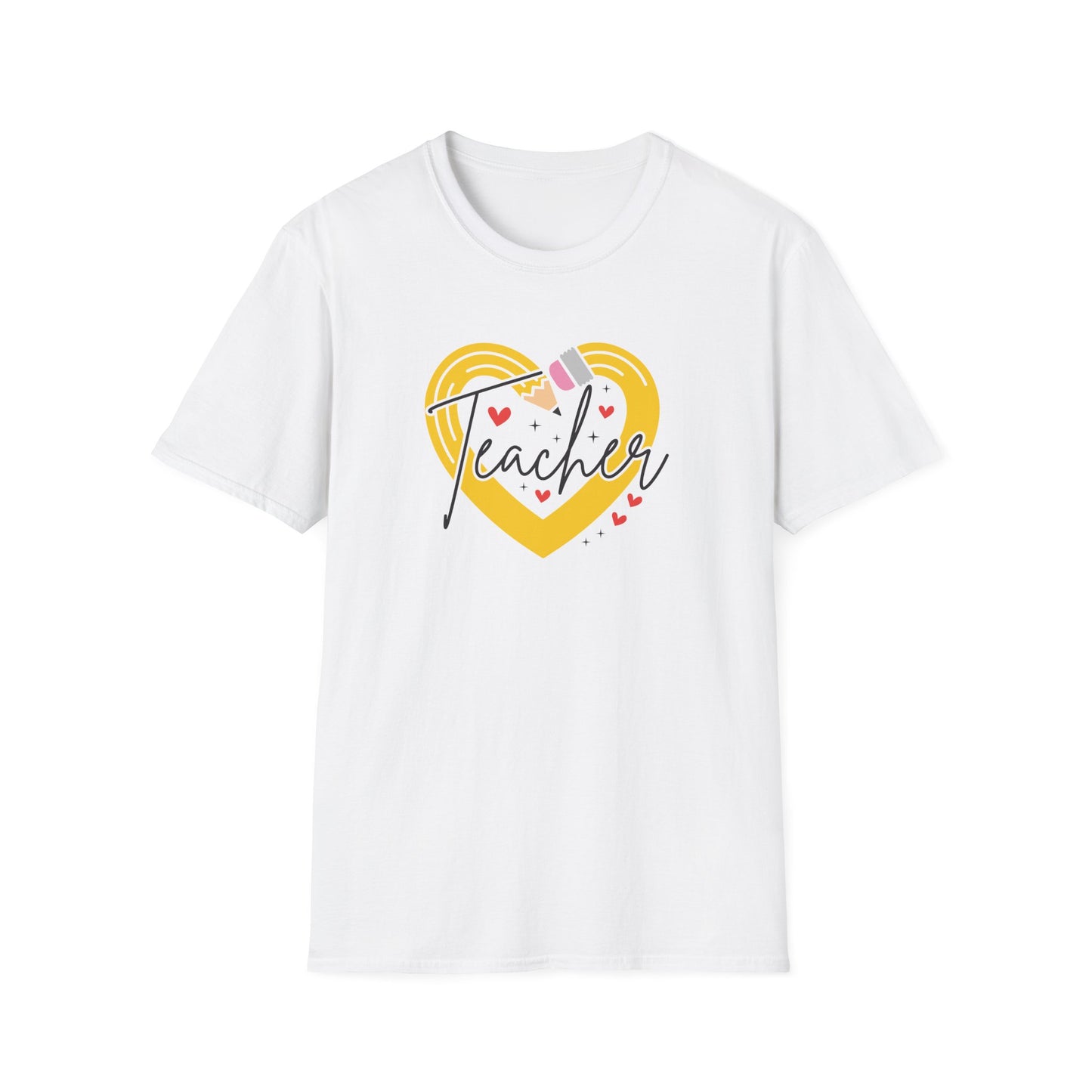 Teacher Heart Graphic T‑Shirt — Cute Yellow Heart, Pencil & 'Teacher' Script