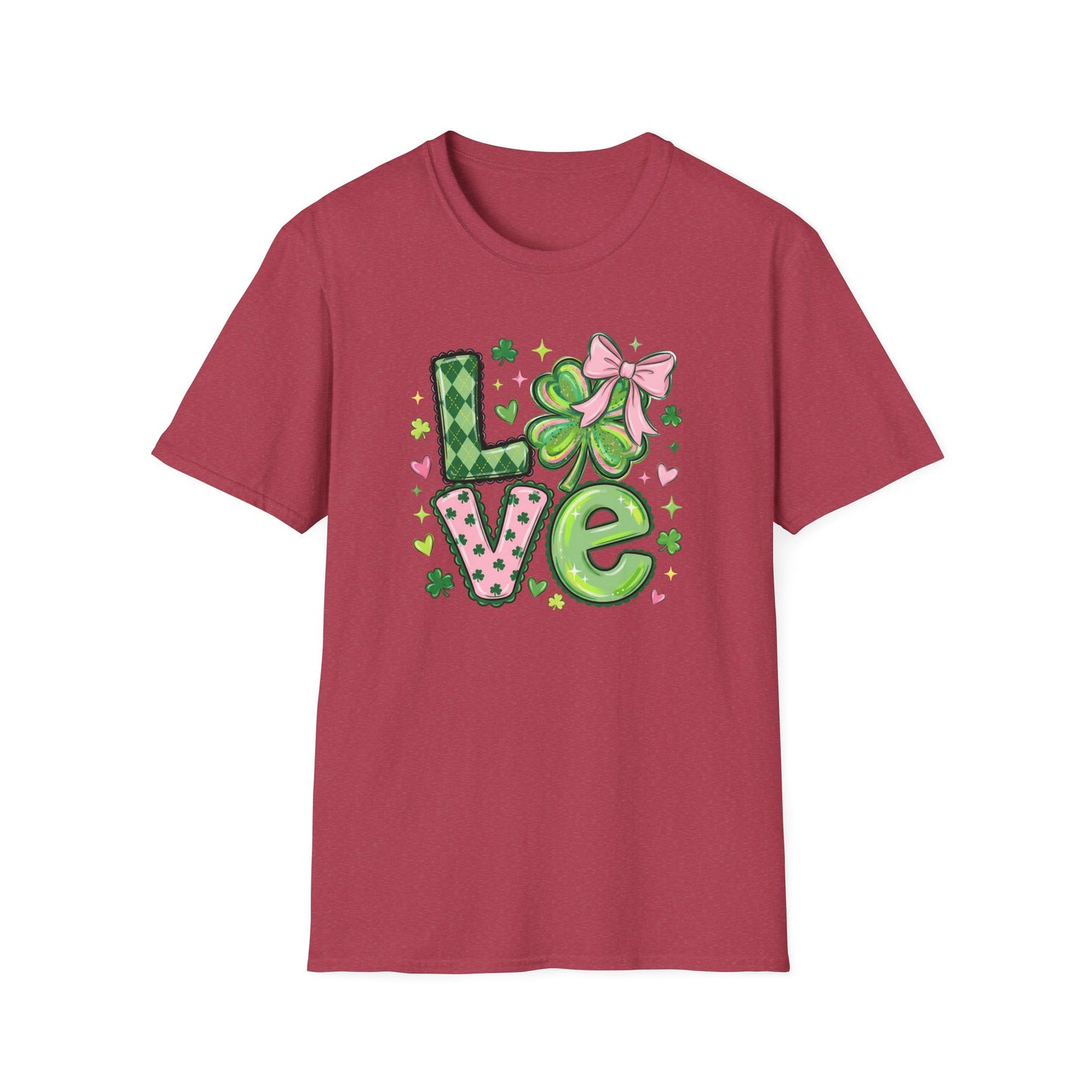 St. Patrick’s Day Love Shirt – Cute Shamrock Bow Graphic Tee, Pink & Green Clover Love Design, Lucky Irish Coquette Style Shirt