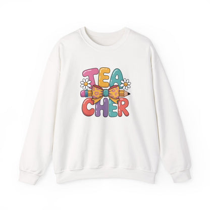 Teacher Crewneck Sweatshirt — Colorful Retro 'Teacher' Bow & Daisies Design
