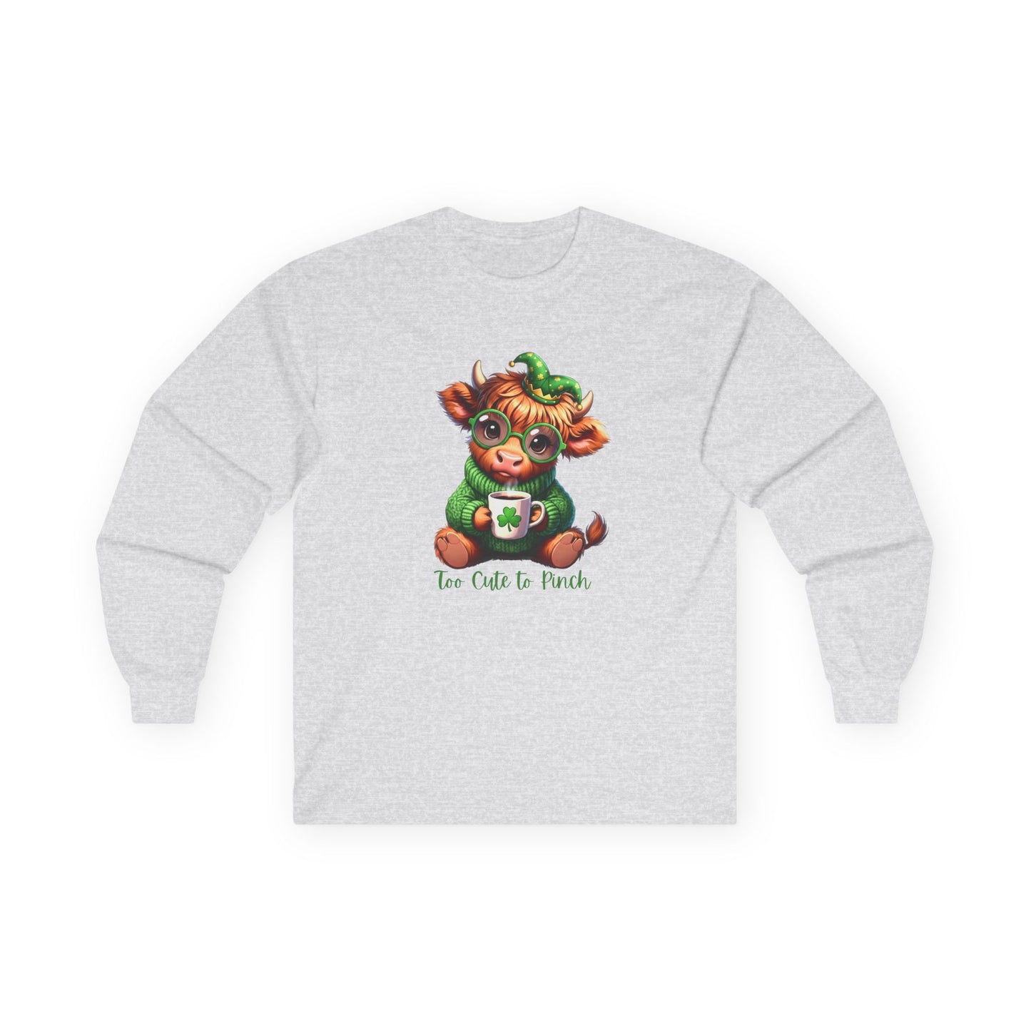 St. Patrick's Cozy Cow Long Sleeve Tee — 'Too Cute to Pinch'