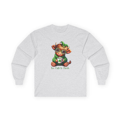 St. Patrick's Cozy Cow Long Sleeve Tee — 'Too Cute to Pinch'