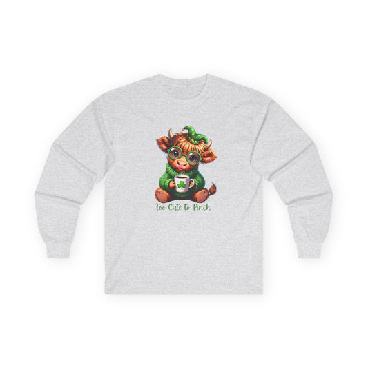 St. Patrick's Cozy Cow Long Sleeve Tee — 'Too Cute to Pinch'
