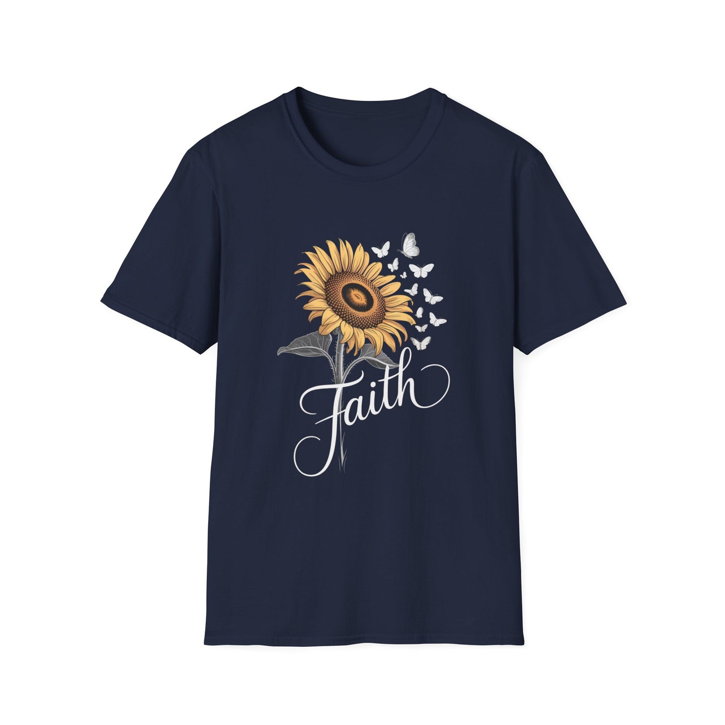 Faith Sunflower T-Shirt — Inspirational Floral Tee with Butterflies