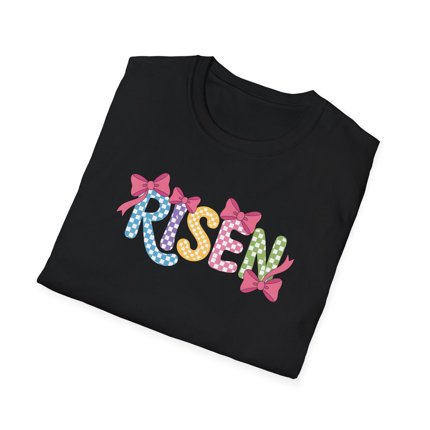Risen Easter Shirt, Christian Easter Bunny Bow Tee, Faith Based Easter Shirt, Pastel Coquette Spring Graphic T-Shirt, Religious Easter Outfit for Women