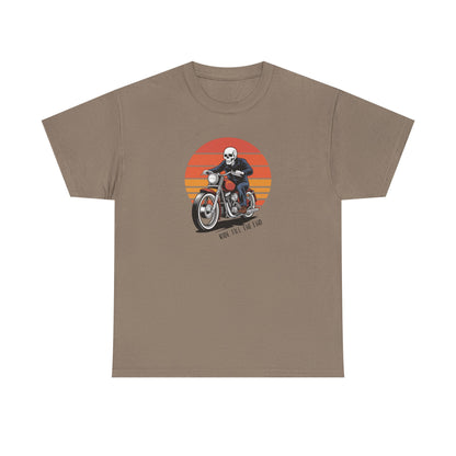 Motorcycle Rider Tee — Retro Sunset Biker Graphic "Ride Fast, Live Free" - Skeleton Biker T-Shirt