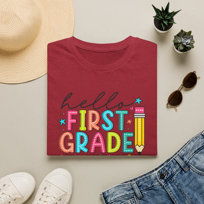 Hello First Grade Pencil T-Shirt — Colorful Back-to-School Cute School Spirit Tee