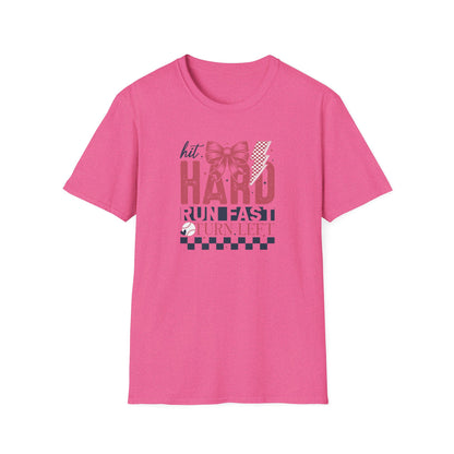 Hit Hard Run Fast Turn Left Baseball Shirt – Cute Softball Bow Tee | Game Day Shirt for Women | Sports Mom Graphic T-Shirt