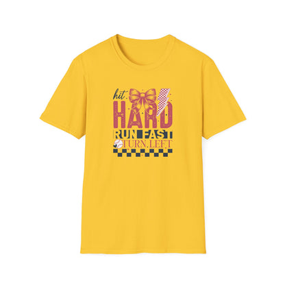 Hit Hard Run Fast Turn Left Baseball Shirt – Cute Softball Bow Tee | Game Day Shirt for Women | Sports Mom Graphic T-Shirt