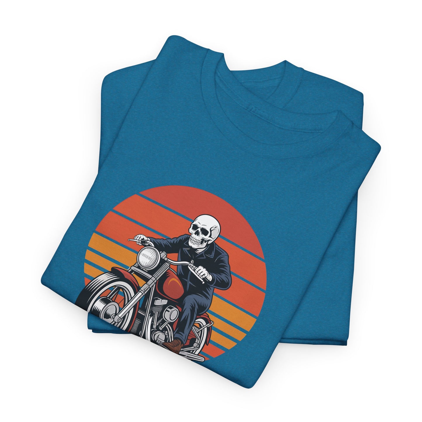 Motorcycle Rider Tee — Retro Sunset Biker Graphic "Ride Fast, Live Free" - Skeleton Biker T-Shirt