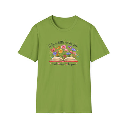 Helping Little Minds Grow Teacher Shirt | Teach Love Inspire Floral Book Tee