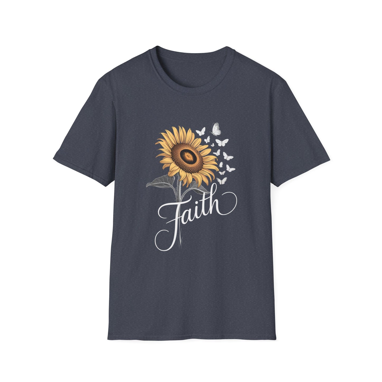 Faith Sunflower T-Shirt — Inspirational Floral Tee with Butterflies