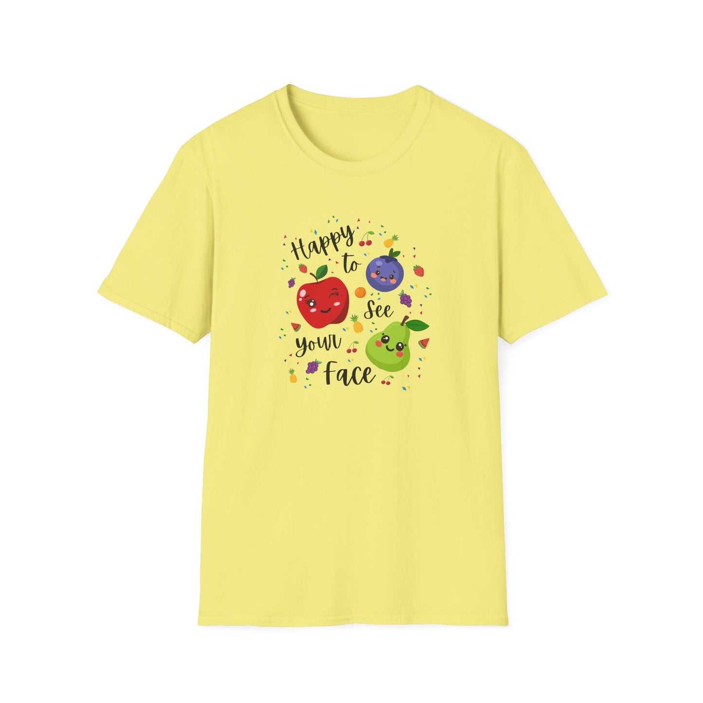 Cute Kawaii Fruit Shirt – Smiling Apple Pear Blueberry Tee – Fun Kids Summer T-Shirt – Colorful Cartoon Fruit Design