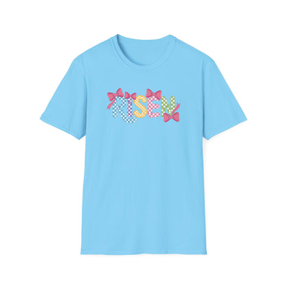 Risen Easter Shirt, Christian Easter Bunny Bow Tee, Faith Based Easter Shirt, Pastel Coquette Spring Graphic T-Shirt, Religious Easter Outfit for Women