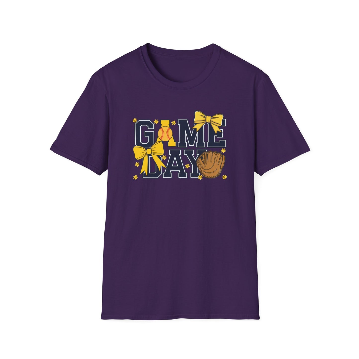 Game Day Softball Bow Shirt – Cute Baseball Mom Tee, Yellow Bow Sports Graphic T-Shirt, Women’s Game Day Outfit, Softball Fan Apparel